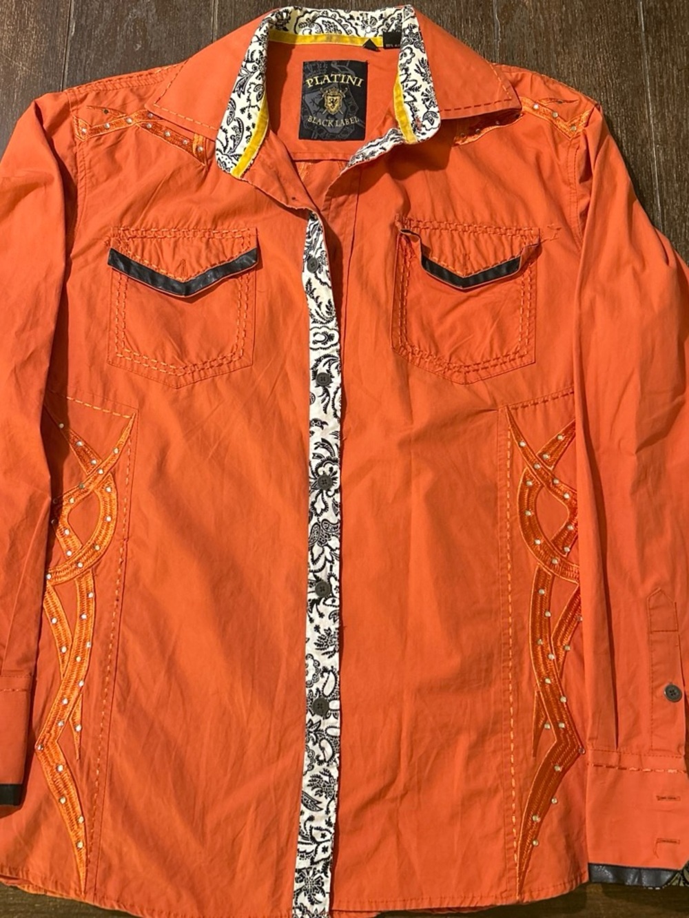 Platini Orange Embellished Long-Sleeve Dress Shirt